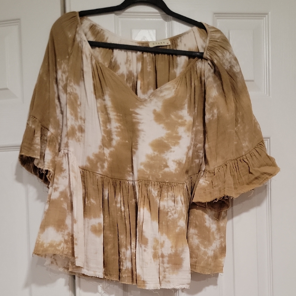 Tie-Dye V-Neck Peasant Tunic - Tan & White
